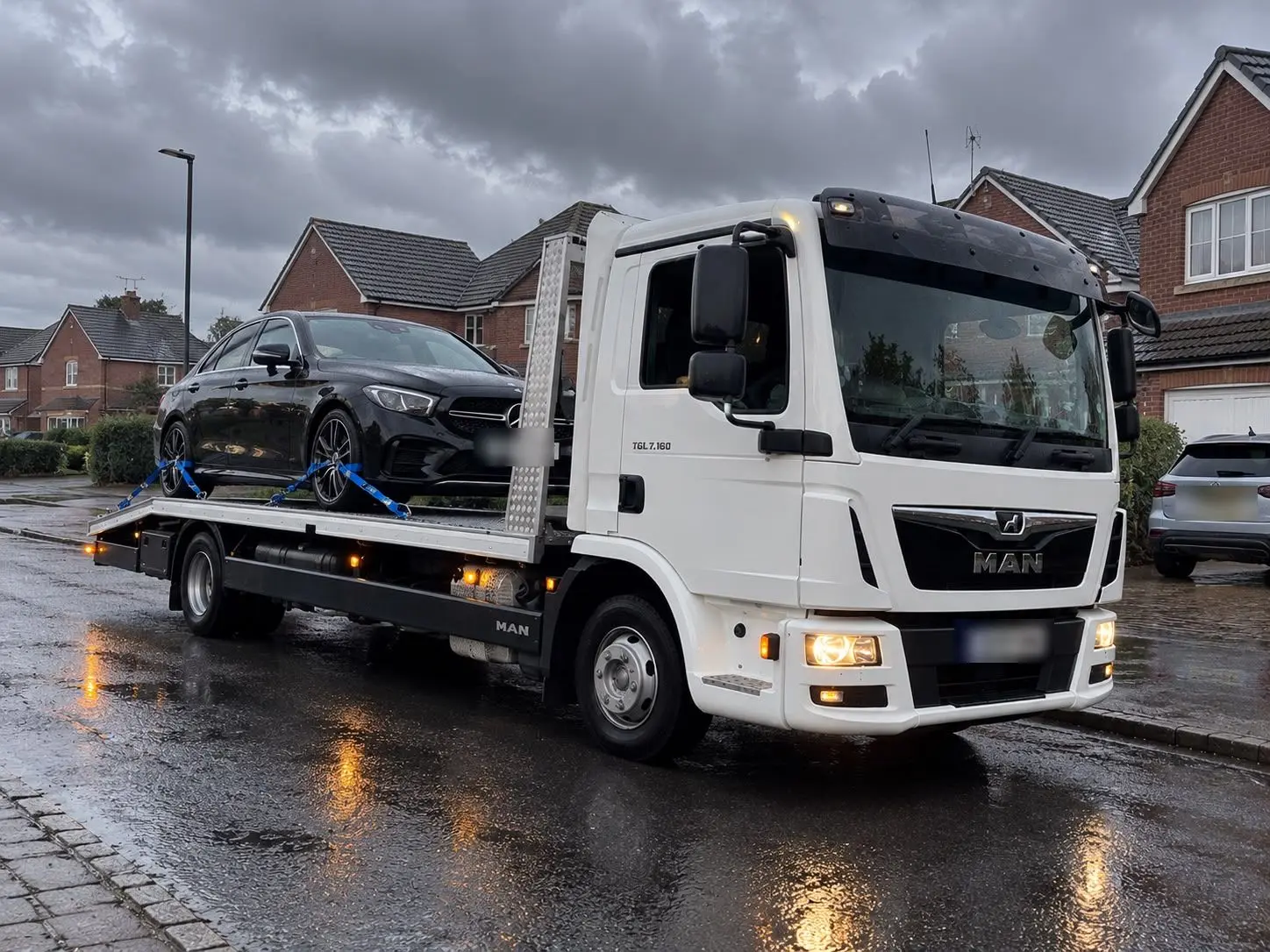 BM Automotive flatbed recovery truck carrying a black Mercedes saloon